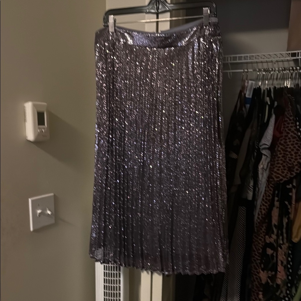 Chelsea28 Silver Sequin Pleated Midi Skirt